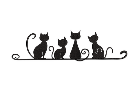 Four cats silhouette line embroidery design, black single-colour decorative row with curling tails and scroll flourishes, on white background.
