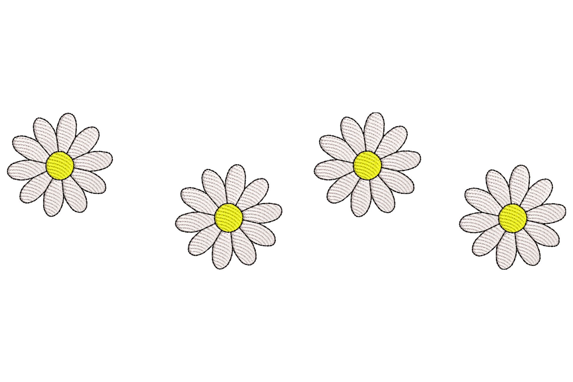 Four daisy flowers in a vertical row embroidery with white petals, yellow centres and black outlines on each bloom.