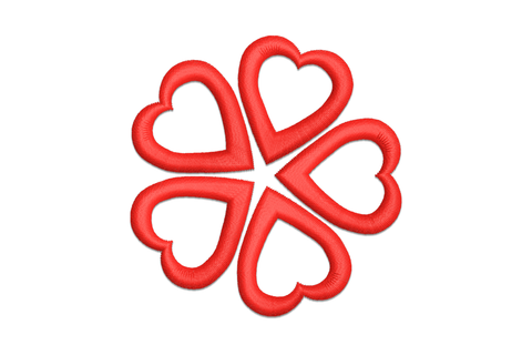 Four solid red hearts arranged tip-to-tip forming a four-leaf clover shape. Single colour embroidery on white.