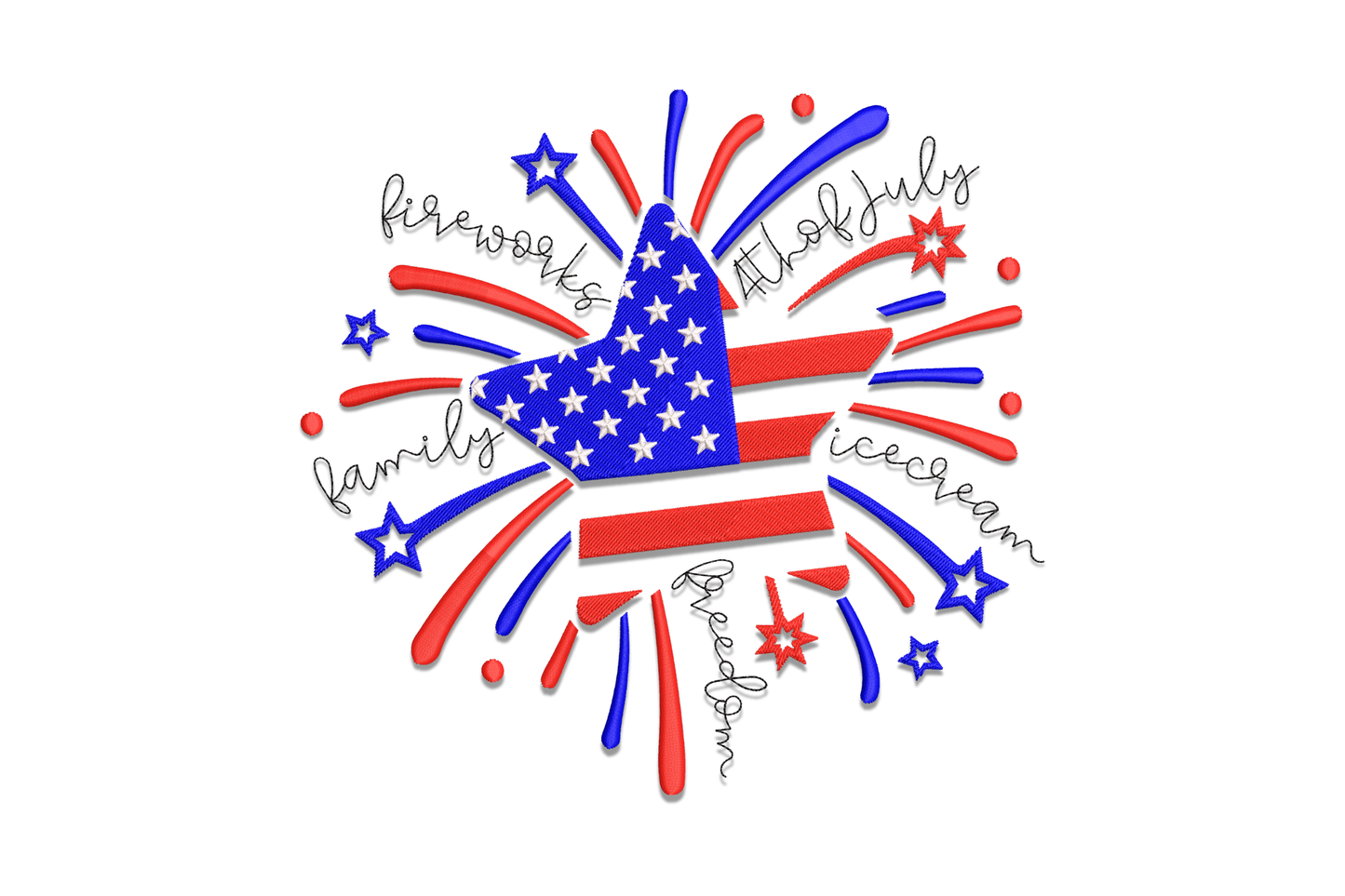 4th of July fireworks burst cluster embroidery design, star-tip rays in red navy and white, festive design for holiday shirts pyjamas and patriotic gifts
