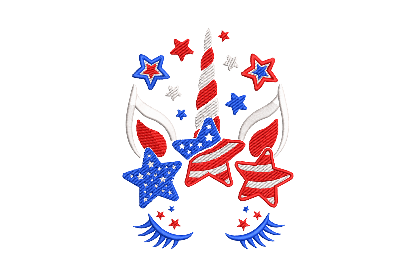 Fourth of July USA unicorn embroidery design, patriotic unicorn face with blue satin stars, American flag top hat, red and blue accent stars