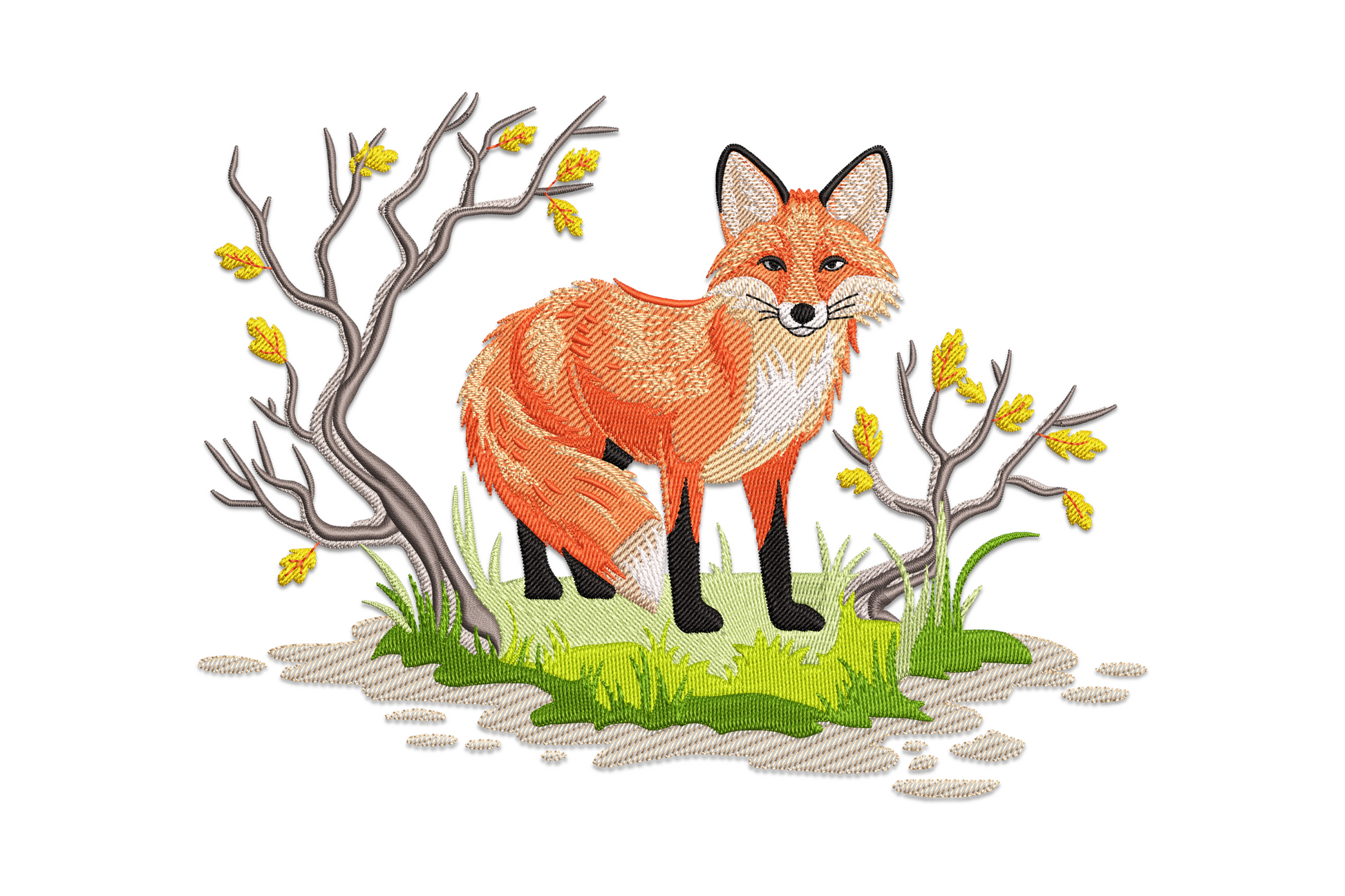 Fox woodland embroidery design showing a russet fox in an autumn forest scene with leaves and ground detail, stitched in 13 thread colours on cream canvas