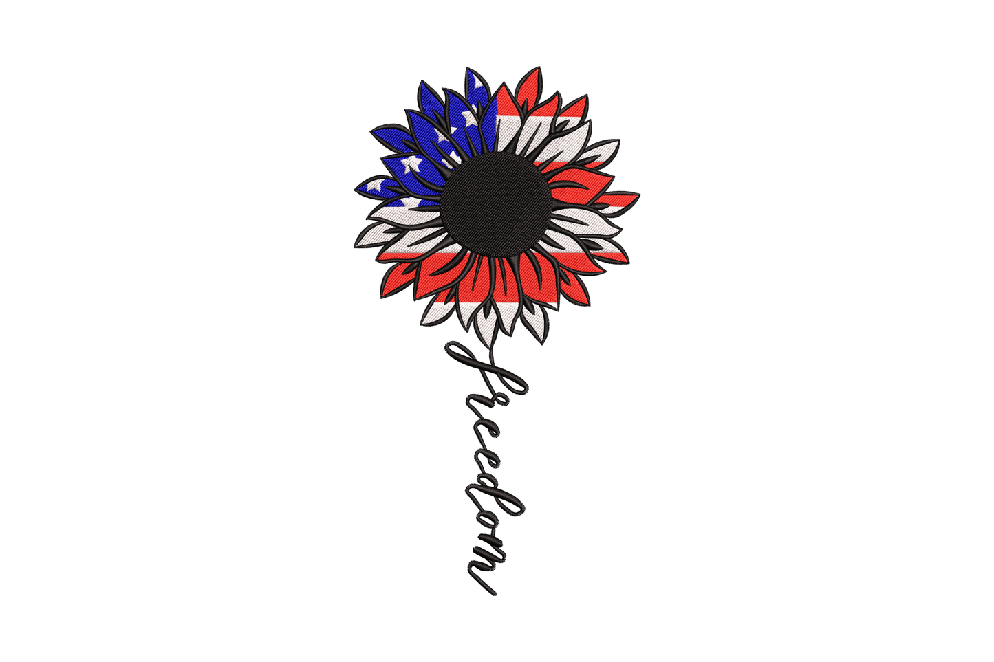Freedom sunflower embroidery, red navy and white flag petals, black disc centre, cursive freedom script stem.