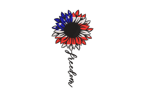 Freedom sunflower embroidery, red navy and white flag petals, black disc centre, cursive freedom script stem.