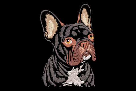 Realistic french bulldog embroidery design, black brindle frenchie portrait with amber eyes, tan ears and white chest patch.