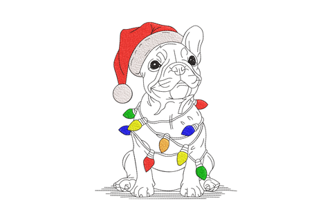 French Bulldog wrapped in festive lights embroidery design, pied black-and-white coat with warm white bulb glow, sitting front-facing on cream fabric.