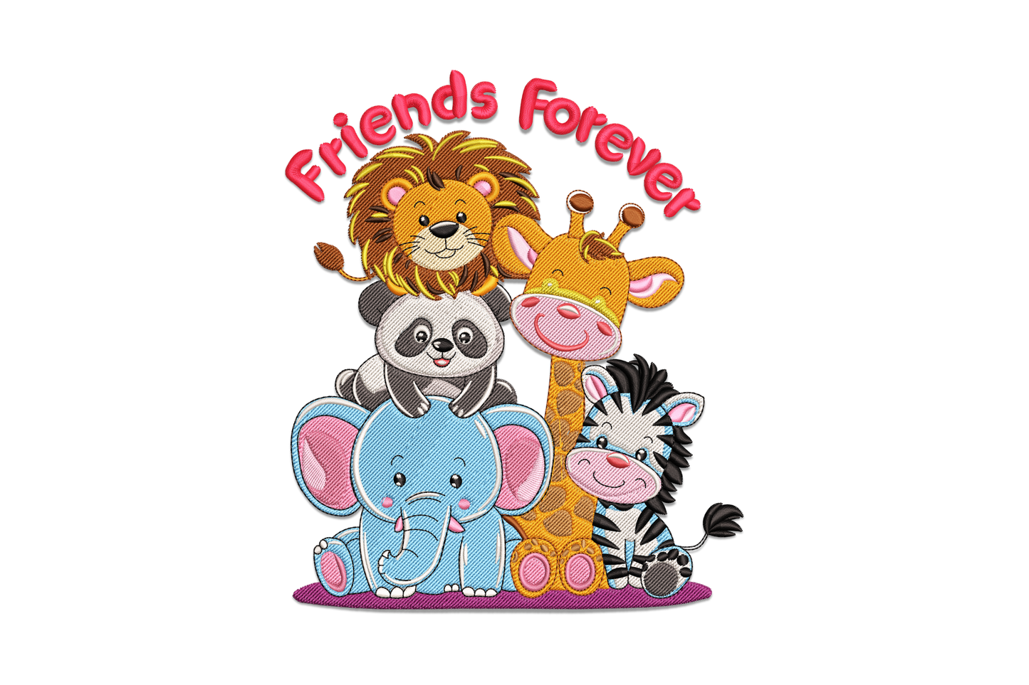 Friends Forever cute jungle animals embroidery design with lion, giraffe, panda, elephant and zebra in 17 colours, kawaii cartoon machine embroidery.