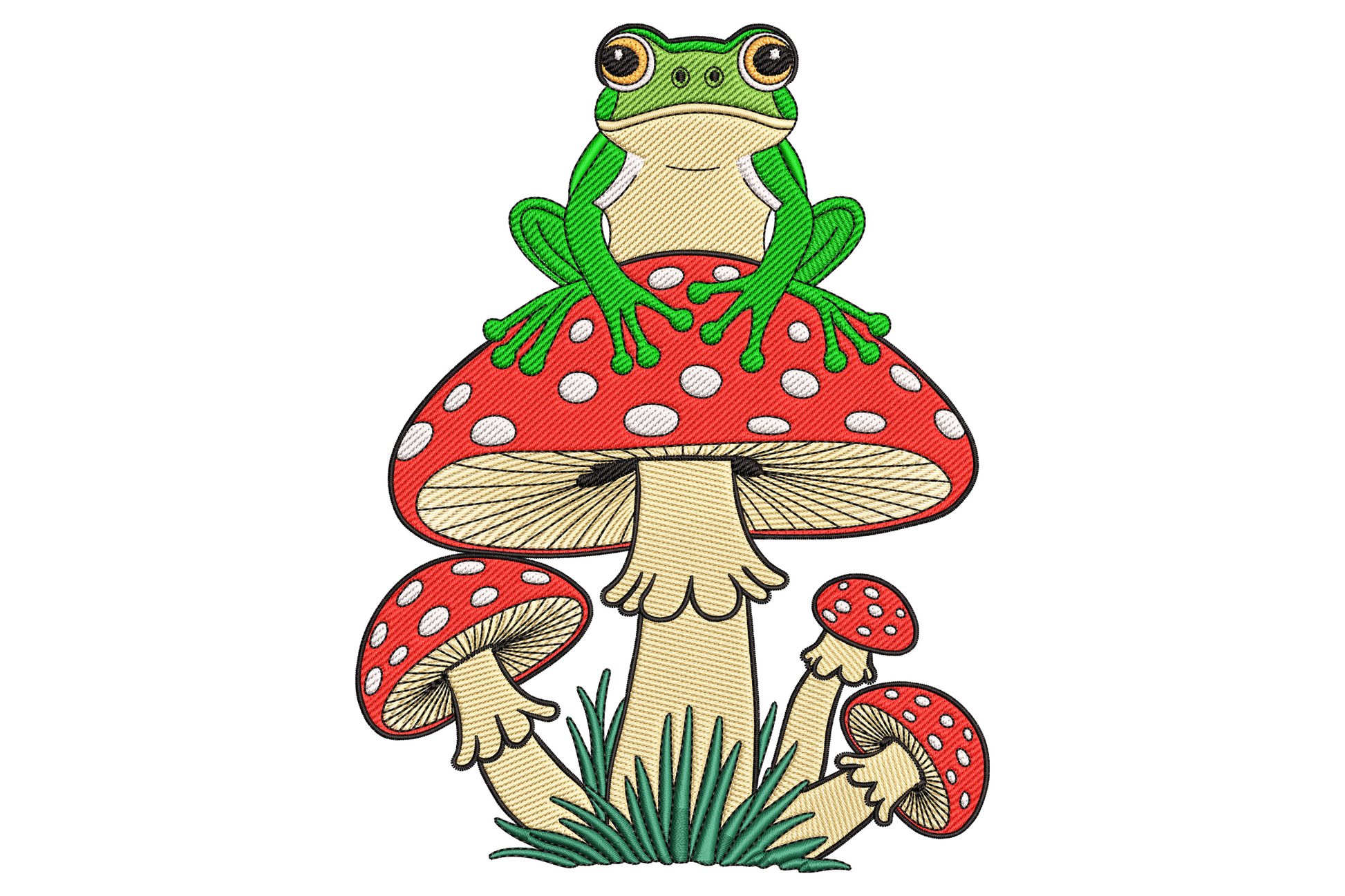Green tree frog sitting on red spotted amanita mushroom embroidery design, with cornmeal stem and small mushrooms at the base.