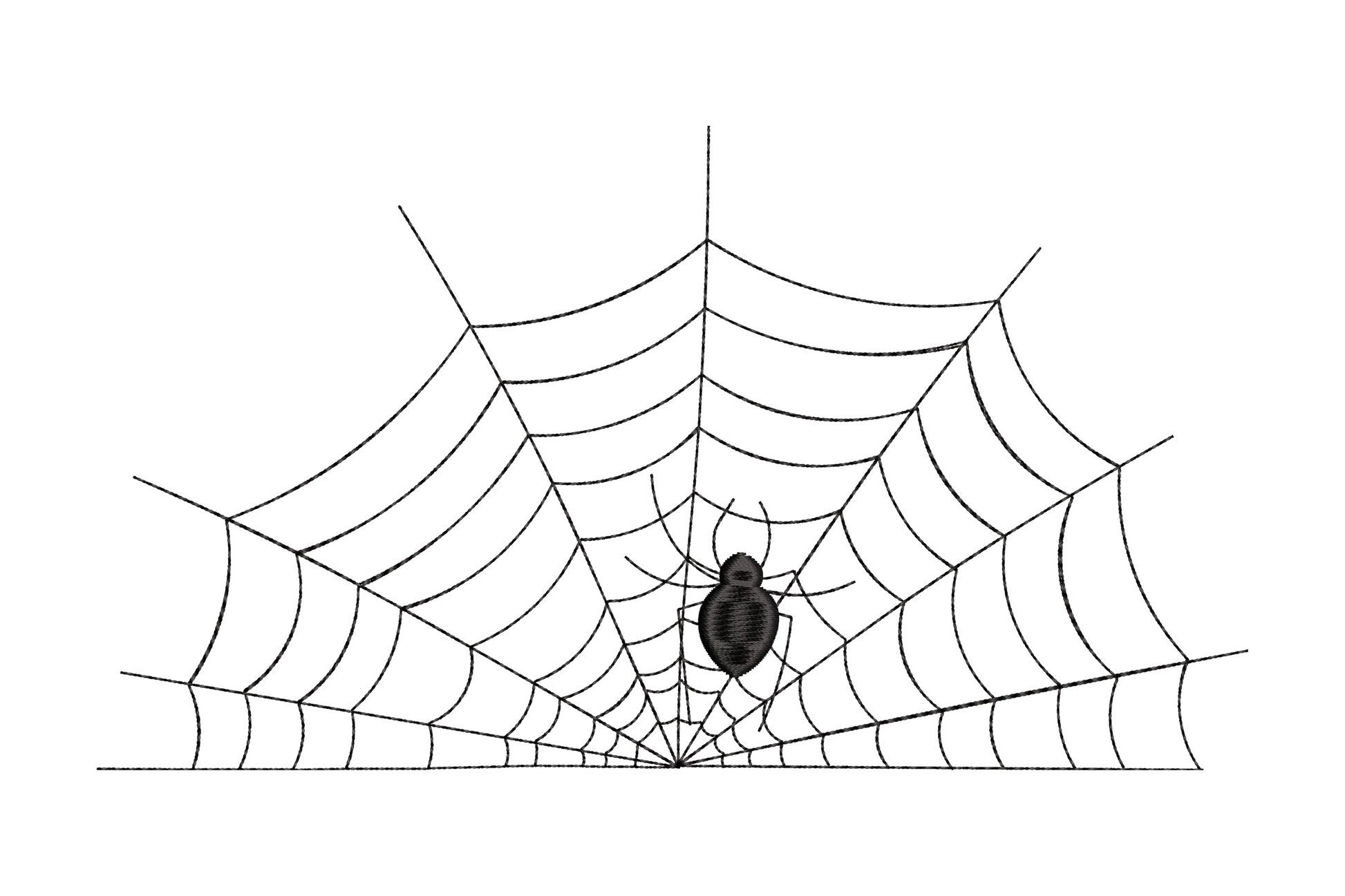 Full symmetric spider web embroidery design with center spider in black thread, halloween pattern