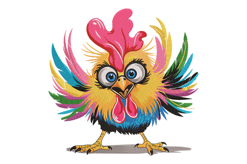 Fun colorful chicken embroidery, round kawaii cartoon chicken with red comb, teal and blue-green wing feathers and orange feet in 14 bright colours