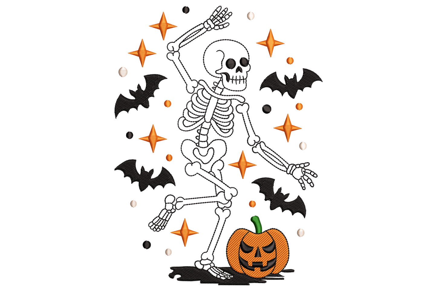 Cartoon skeleton in a dance pose, arms out, grinning skull tilted, in white and black with orange accent thread on dark background.