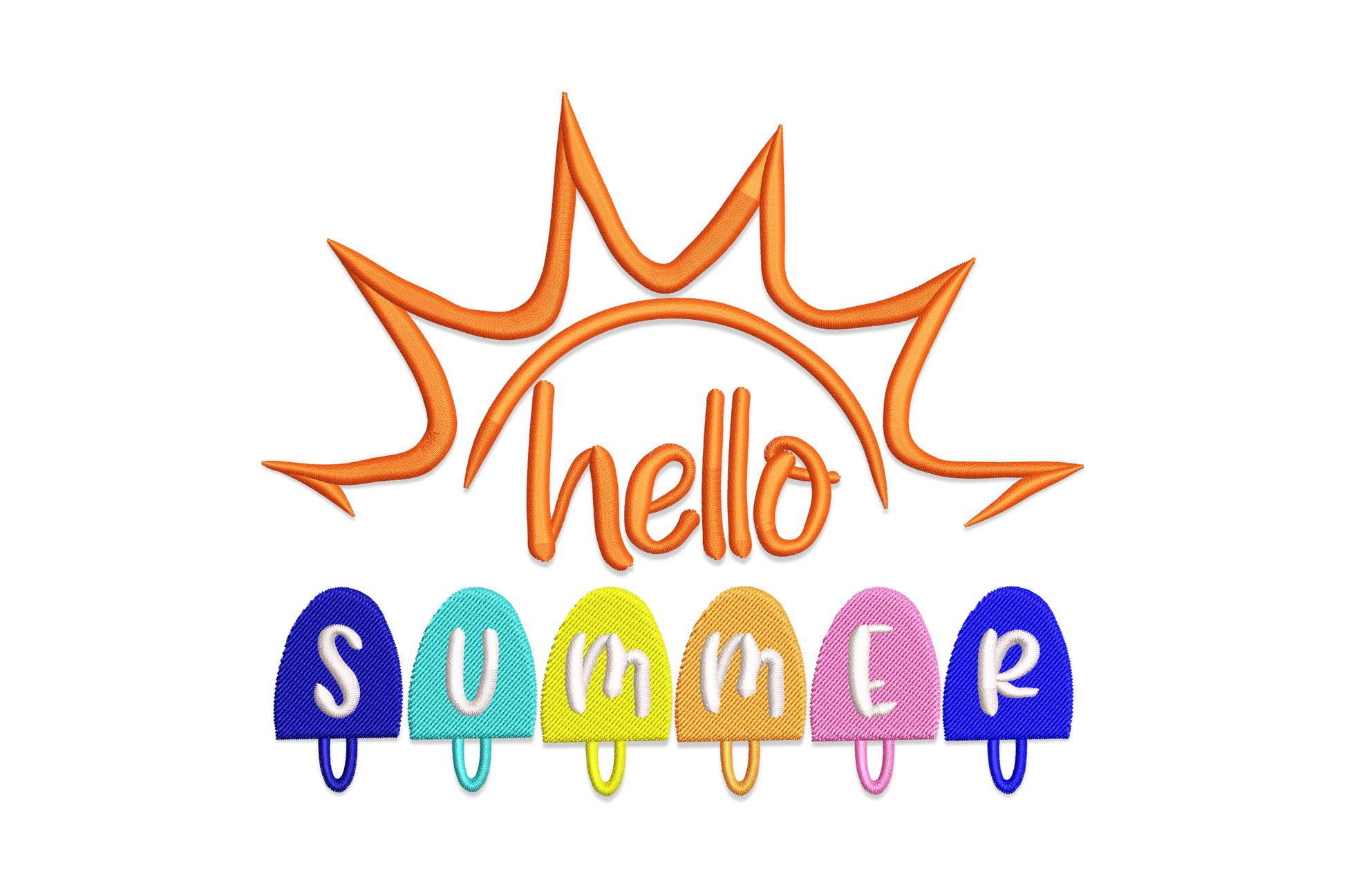 Fun Hello Summer embroidery design with orange sun and popsicle letter blocks in 8 bright colours