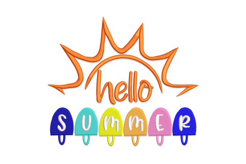 Fun Hello Summer embroidery design with orange sun and popsicle letter blocks in 8 bright colours