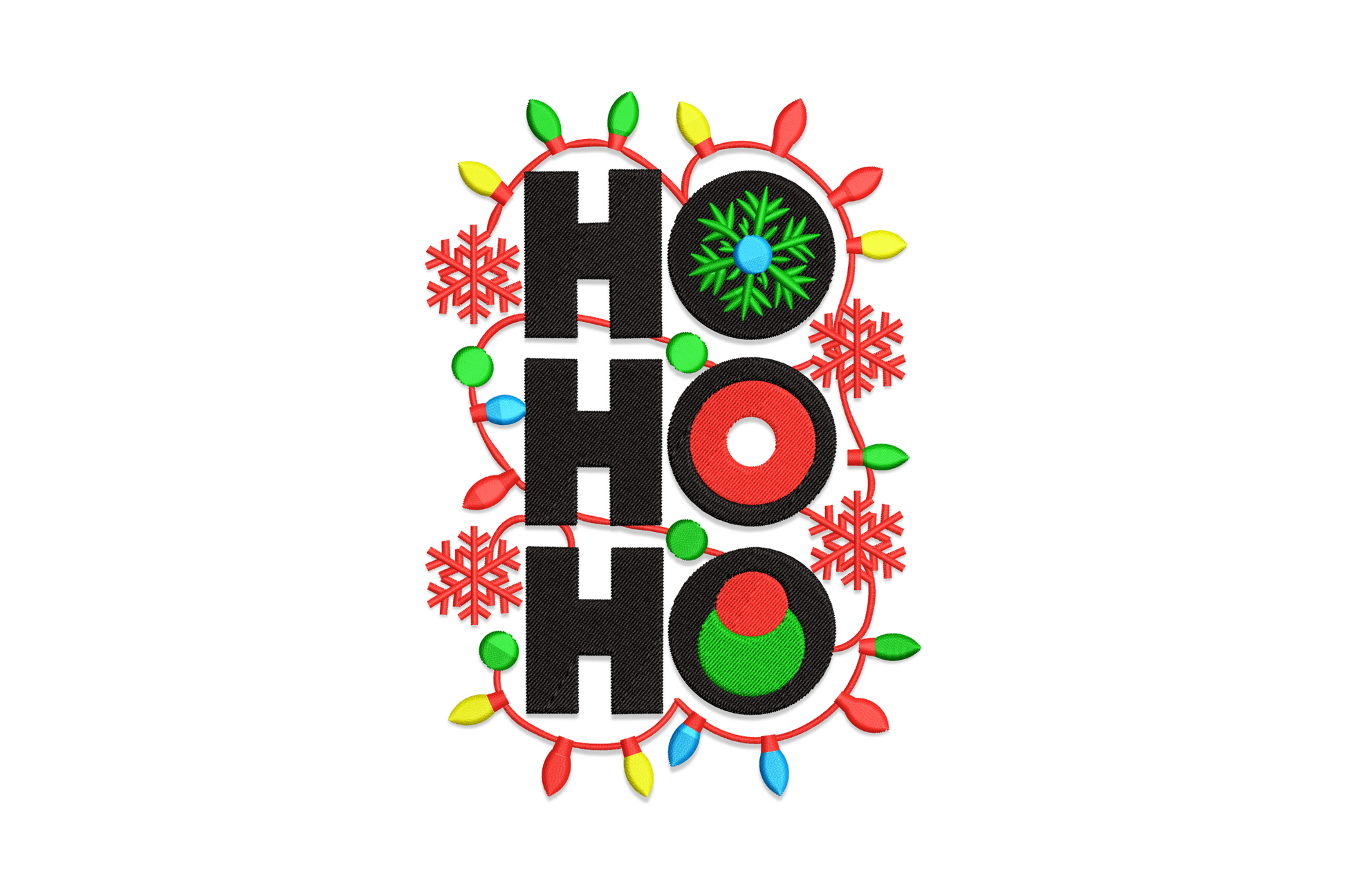 HO HO HO Christmas embroidery design with bold black stacked letters, ornament Os and multicolour fairy lights.