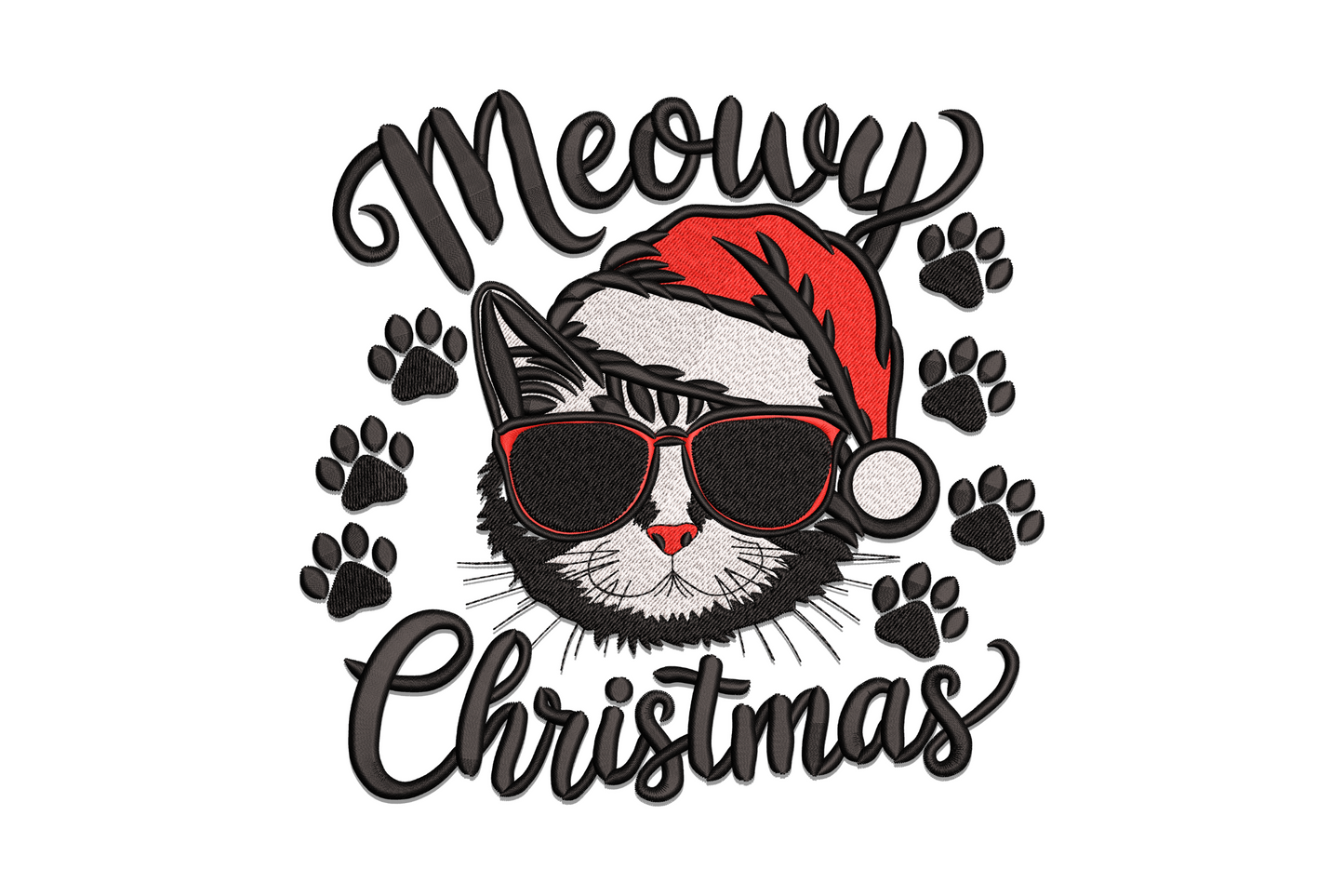 Tuxedo cat face in a red Santa hat and sunglasses with Meowy Christmas script and paw prints.