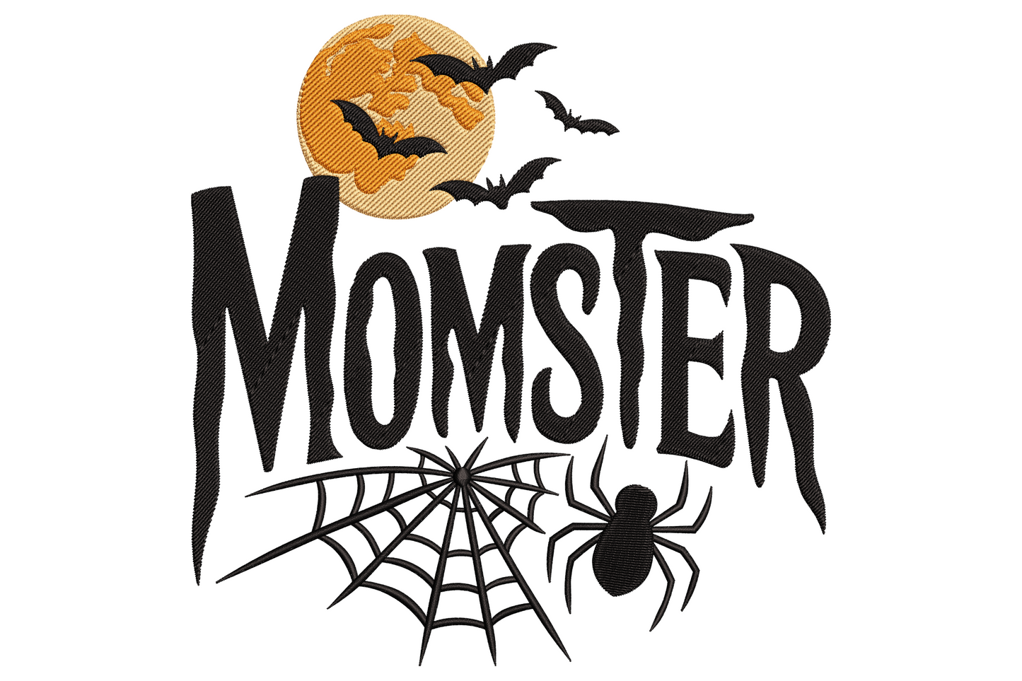 Momster Halloween embroidery with chunky monster-font lettering, wild hair detail, googly eyes and lime green accents in 3 thread colours.