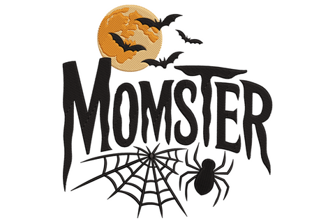 Momster Halloween embroidery with chunky monster-font lettering, wild hair detail, googly eyes and lime green accents in 3 thread colours.