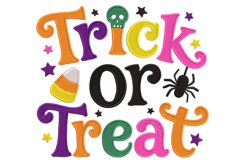 Trick or Treat embroidery with jumbled colourful lettering and candy icons in orange, lime green, purple and black on dark background.