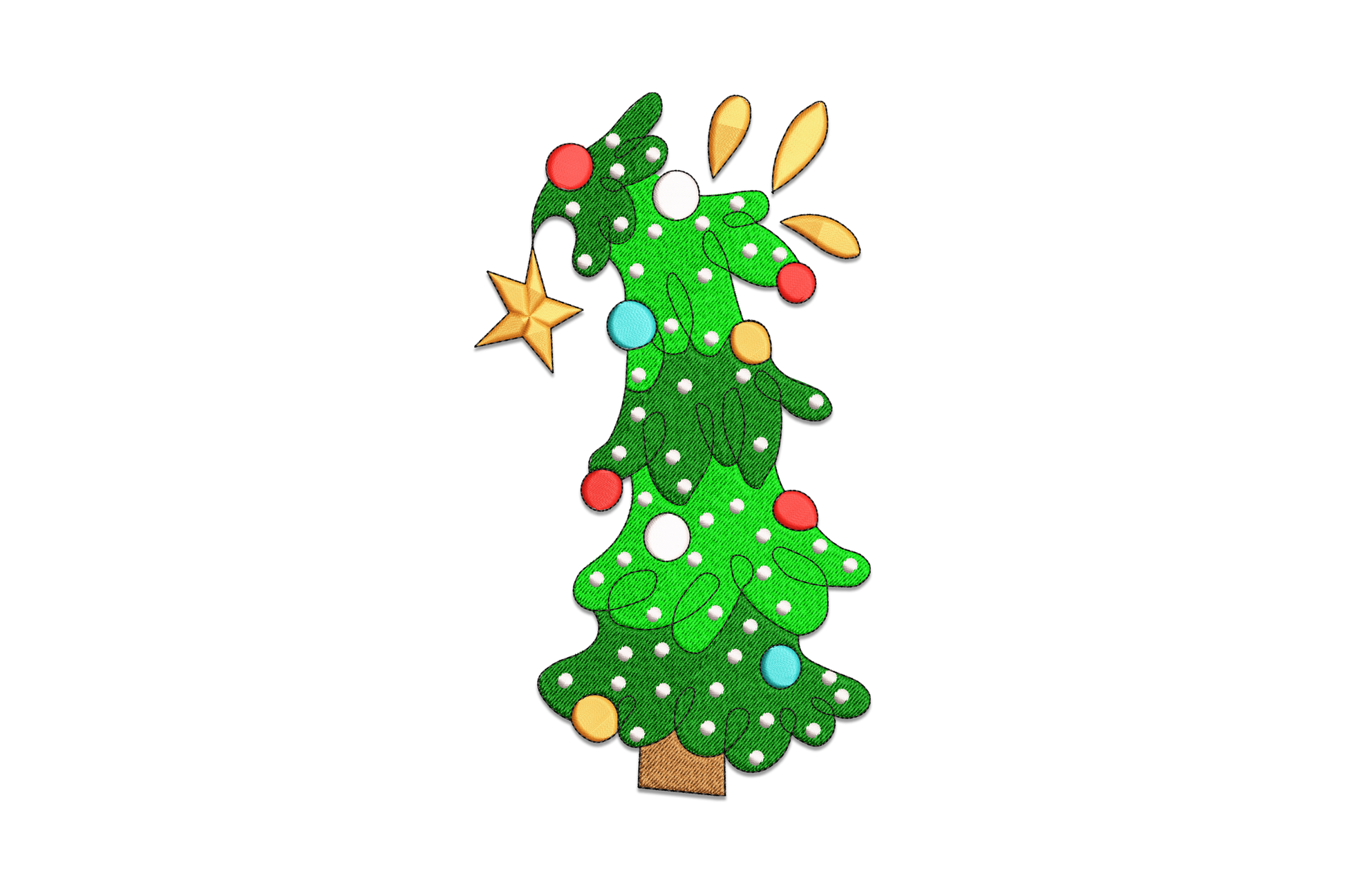 Tall whimsical hand-drawn Christmas tree with wobbly branches, mismatched baubles in orange and teal, crooked star on top.