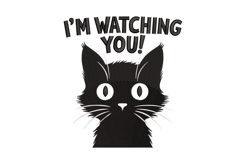 Funny black cat embroidery with wide suspicious eyes and watching you text, black and white thread on white fabric