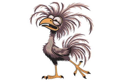 Cartoon brown rooster embroidery, wild spiky frazzled feathers, bug-eyed stare and bright yellow beak.