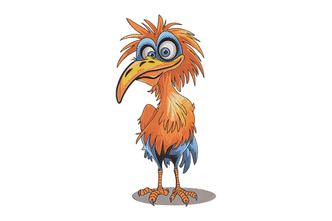 Funny cartoon bird machine embroidery design, alarmed wide-eyed bird in cobalt blue with orange beak, sixteen colours, quirky expression on white background.