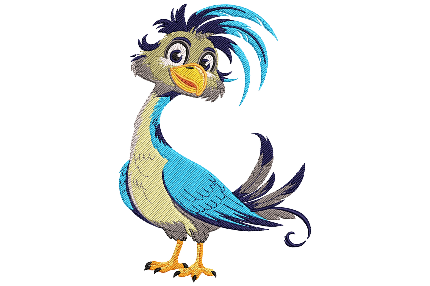 Machine embroidery design of a chubby cartoon bird with oversized eyes and stubby wings in kawaii style on white background