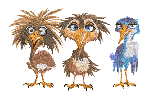 Funny cartoon bird trio embroidery design, three chubby birds in tangerine, sky blue and butter yellow.