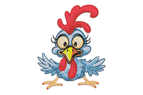 Cartoon chicken facing forward with blue feather body, red comb and wattle, wide eyes and spread wings, machine embroidery design on white background