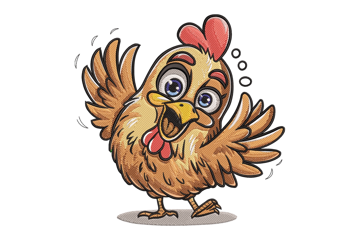 Funny cartoon chicken embroidery in creamy white with bright red comb, multicolour tail feathers in red orange and teal, comical open-beak expression, wings out.