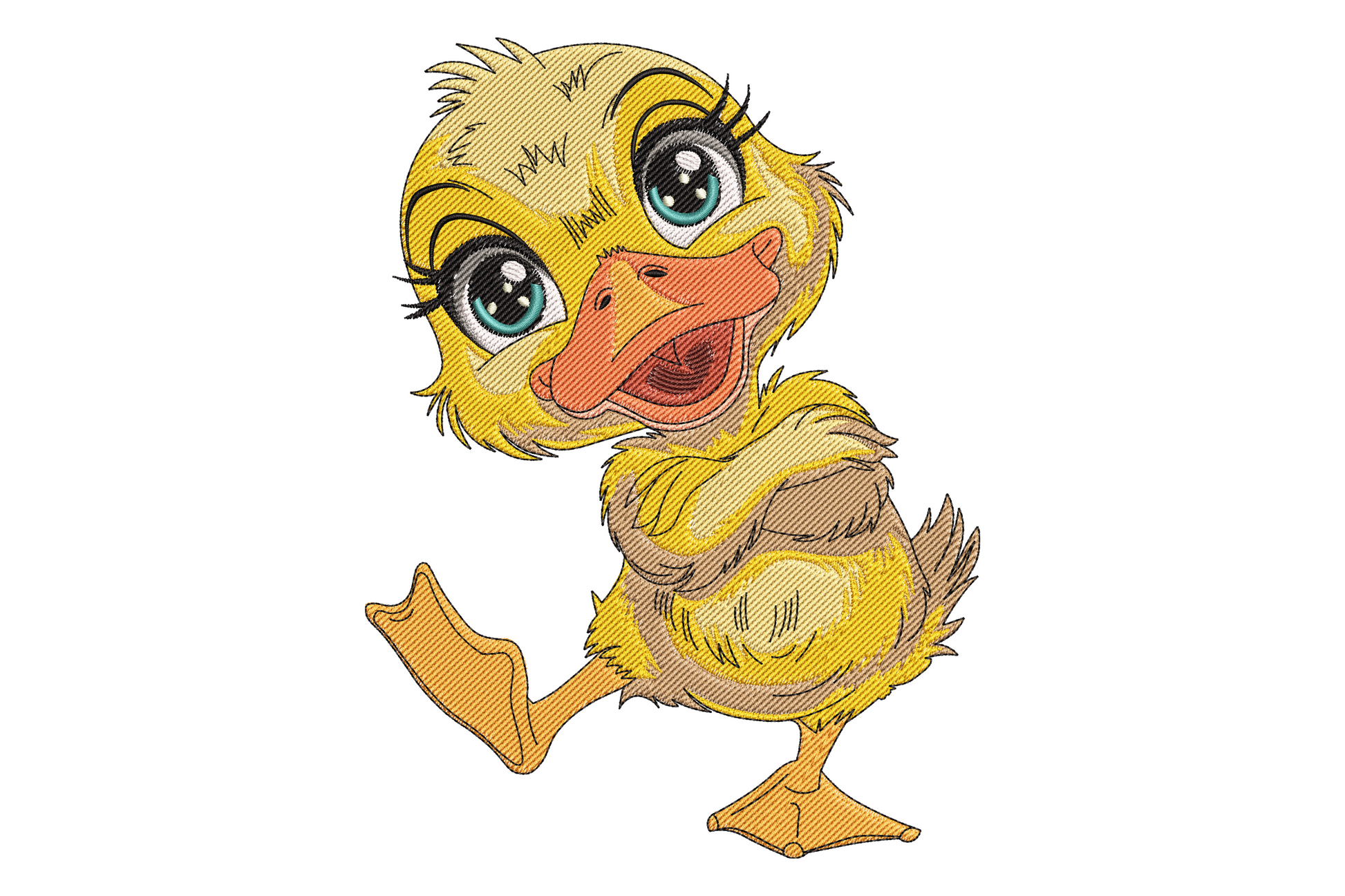 Funny cartoon baby duck embroidery design, strutting duckling with big teal eyes, fluffy golden-yellow feathers and open orange beak.