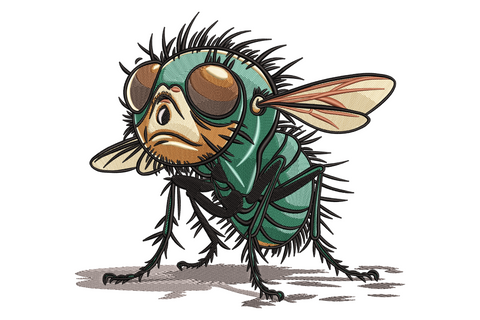 Funny cartoon fly embroidery with huge brown compound eyes, teal body, spiky black legs and a grumpy comic-book expression.