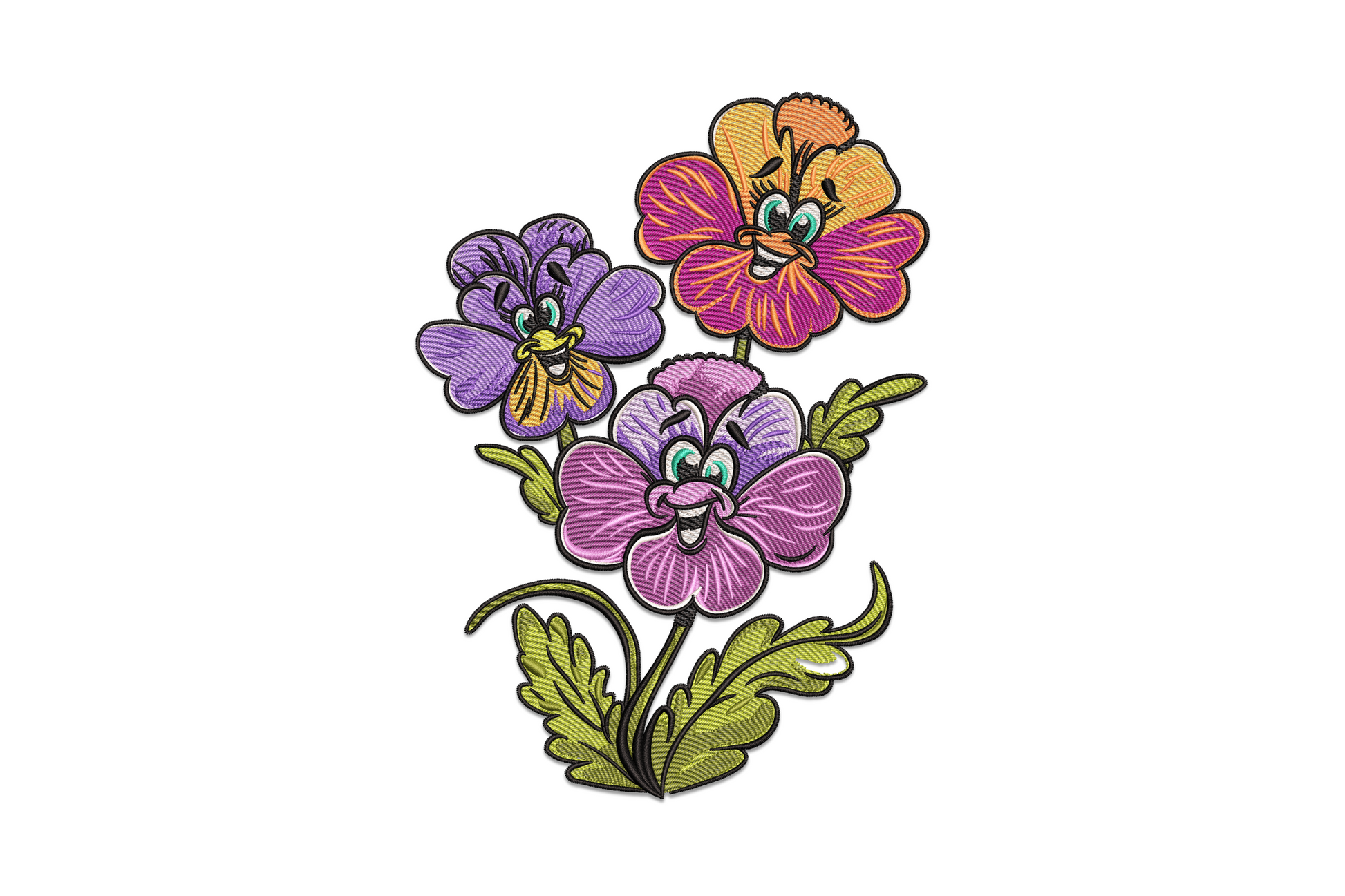 Funny cartoon pansy flowers embroidery design with kawaii faces in purple lavender yellow and coral petals, big cartoon eyes and pink cheeks