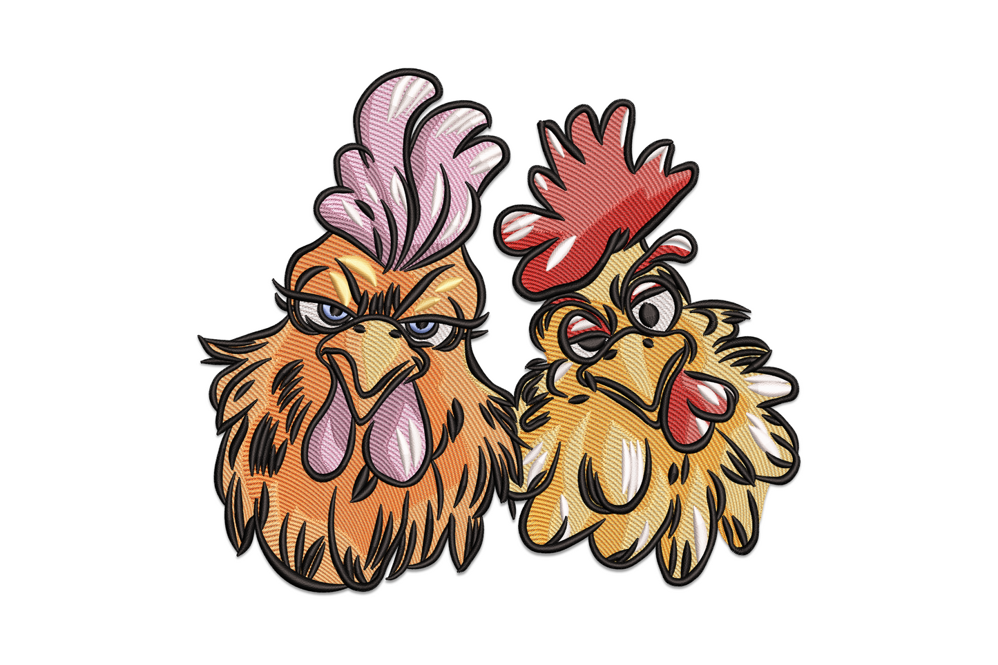 Funny chicken couple machine embroidery design with rust feathers, butter yellow combs and scarlet wattles on a yellow kid tee.