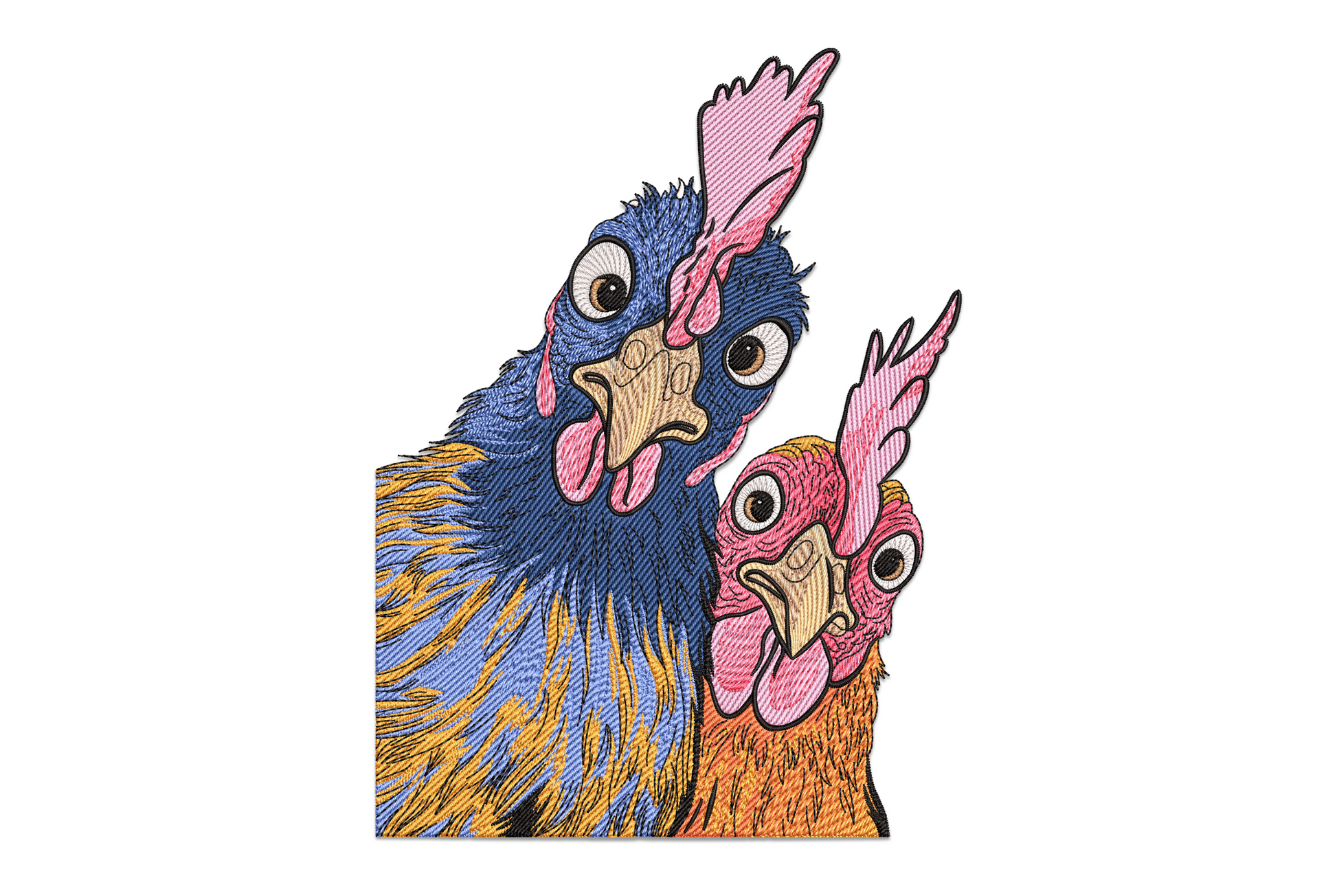 Round cartoon chicken embroidery facing forward with cream feather body, red comb and large cartoonish eye, machine embroidery design on white background