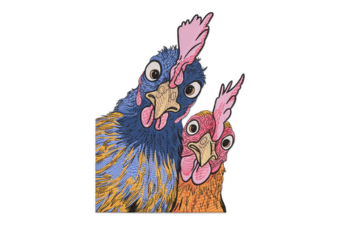Round cartoon chicken embroidery facing forward with cream feather body, red comb and large cartoonish eye, machine embroidery design on white background