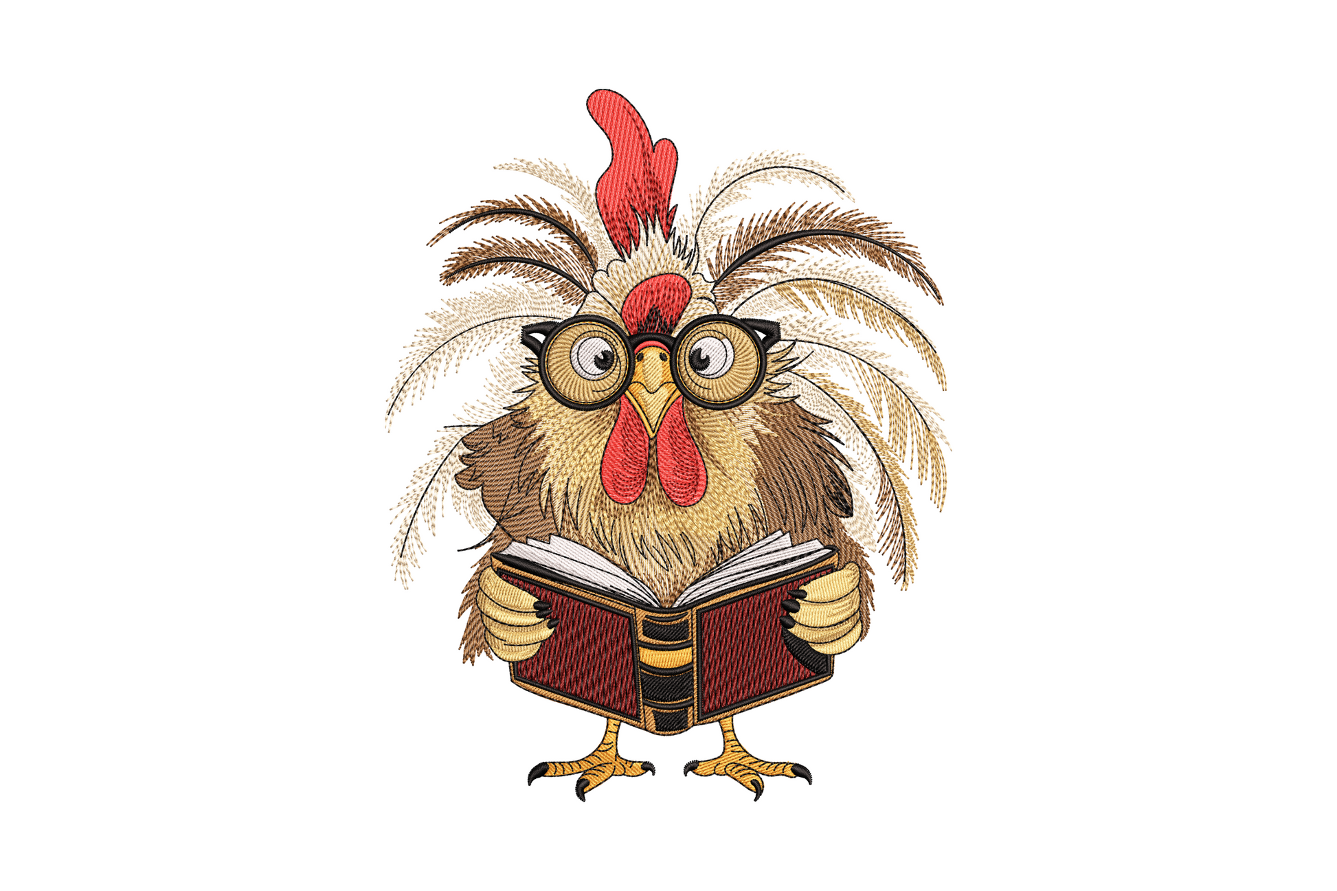 Funny cartoon chicken reading book embroidery design with white feathers, red comb, black reading glasses and blue book cover