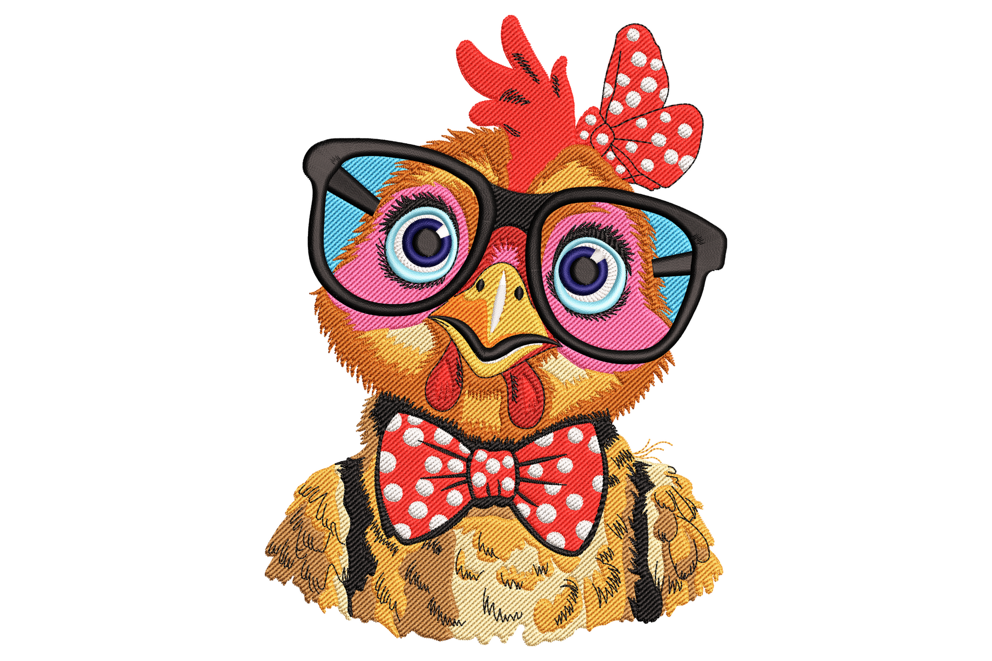 Funny machine embroidery design of a cream and white hen wearing round black reading glasses with a goofy side-eye expression, red comb, orange legs, standing on green grass.