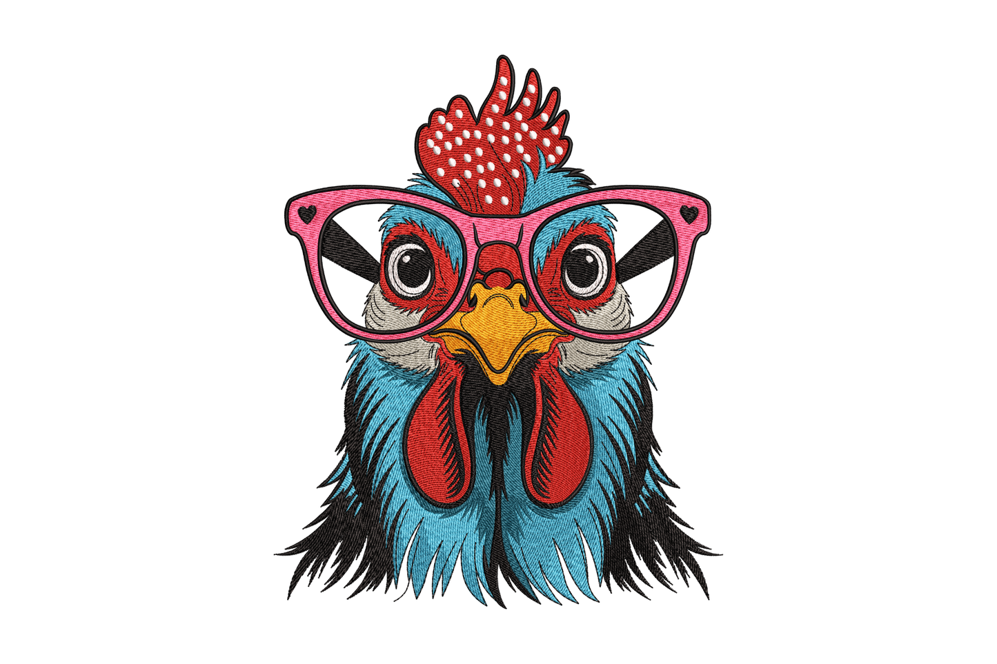 Cartoon rooster with glasses and a red comb on a white background