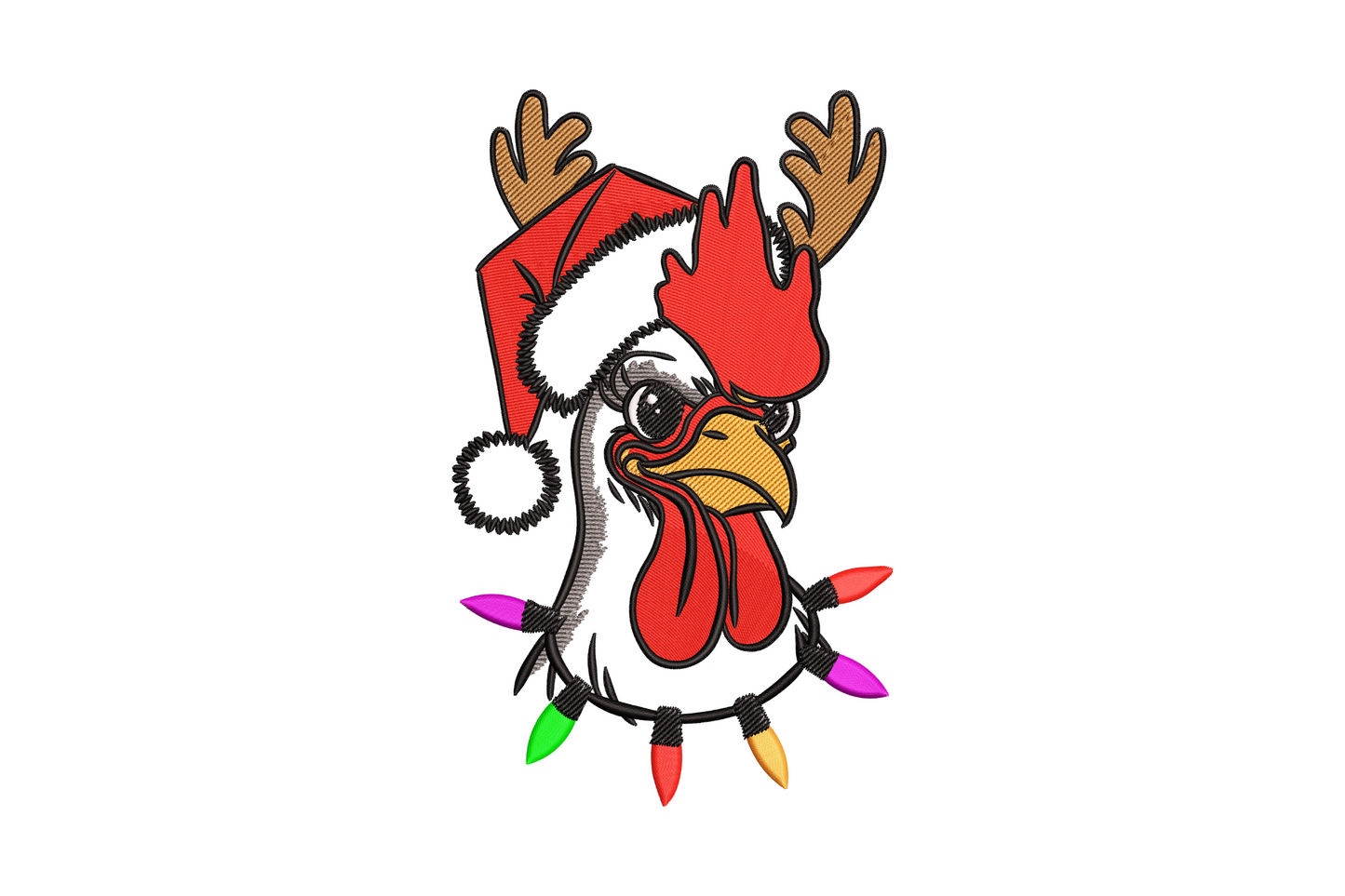 Funny Christmas chicken embroidery design, rooster with Santa hat antlers and fairy lights, machine embroidery