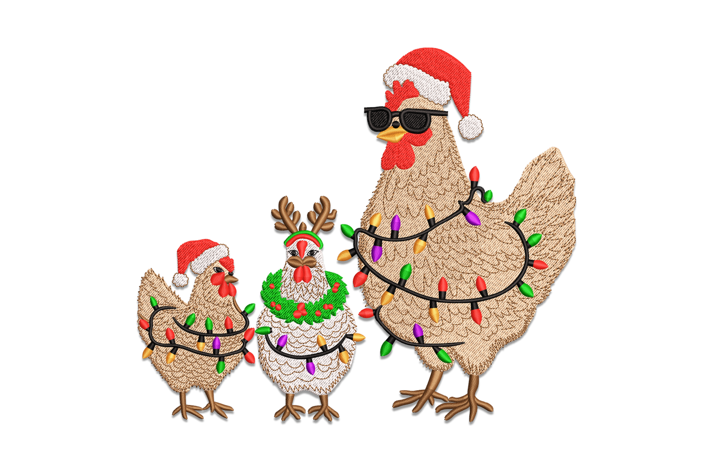 Christmas chicken family embroidery design, rooster and hens in Santa hats, 8 colors, 4 sizes, farm holiday scene