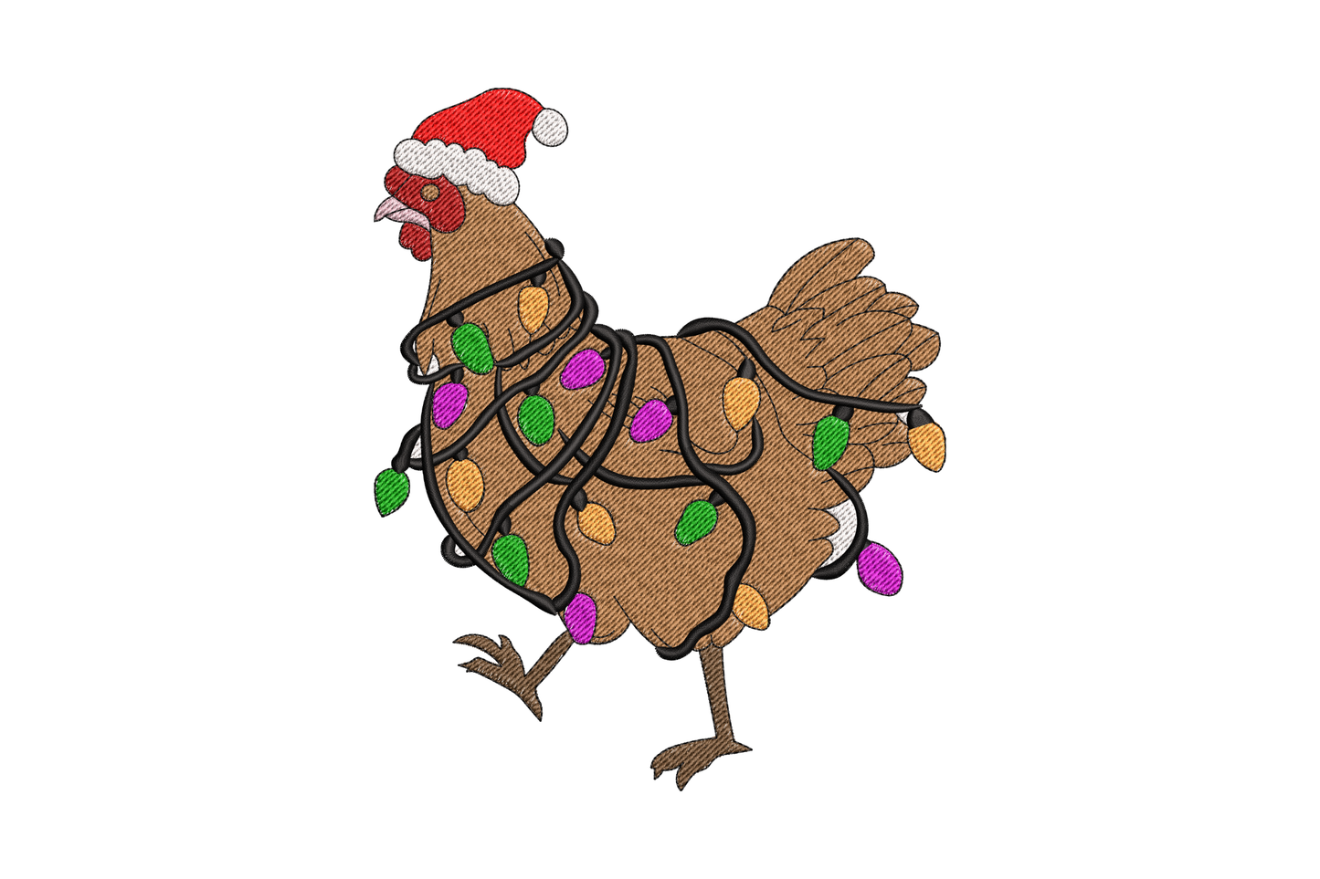 Funny christmas chicken hen wrapped in tangled holiday lights wearing a red santa hat with colourful bulbs.