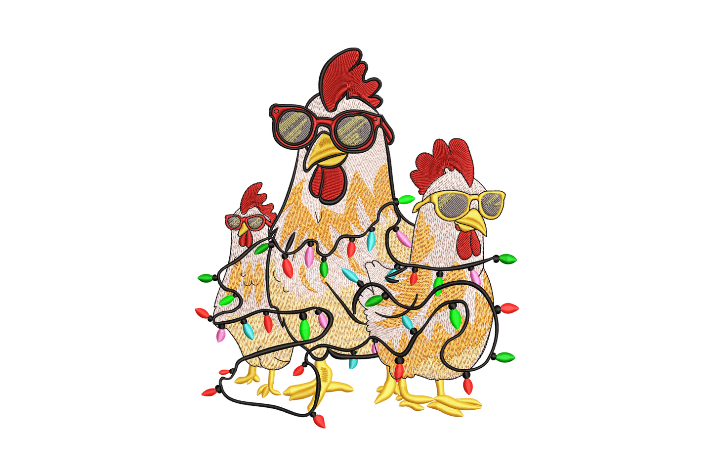 Funny Christmas chickens with lights embroidery design, round fluffy chickens tangled in colourful string lights, detailed 13-colour farm holiday stitch pattern