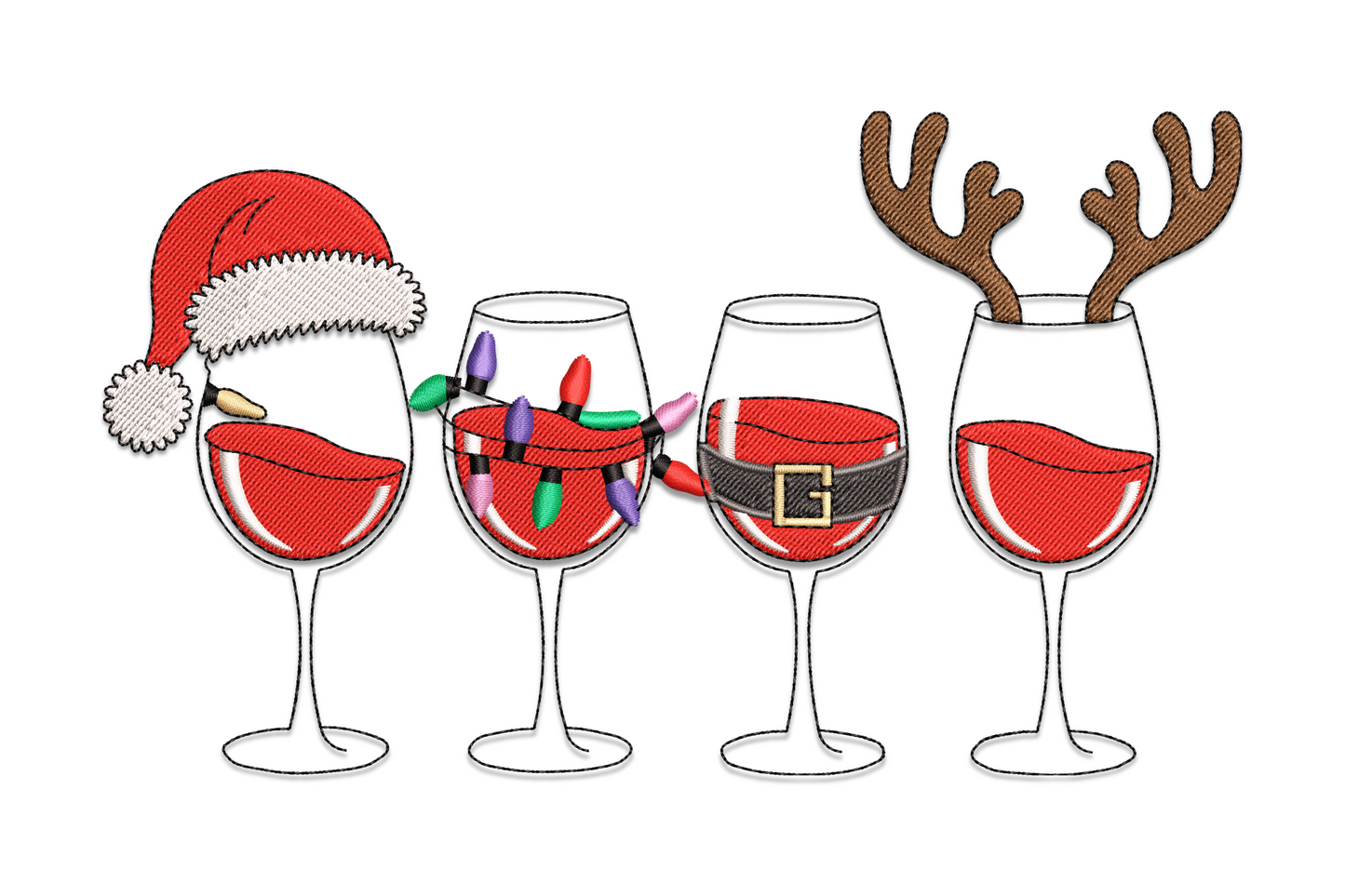 Christmas wine glasses embroidery: Santa hat, string lights, belt, reindeer antlers. Red fill, sketch outline, 10 colors.