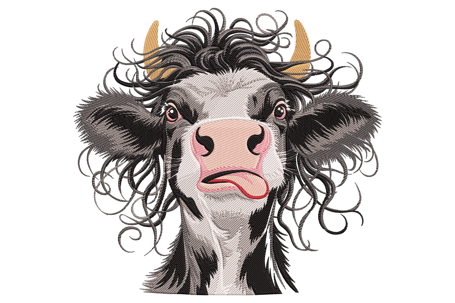 Funny cow face embroidery design with wild curly black hair, gold horns, pink nose and tongue poking out.