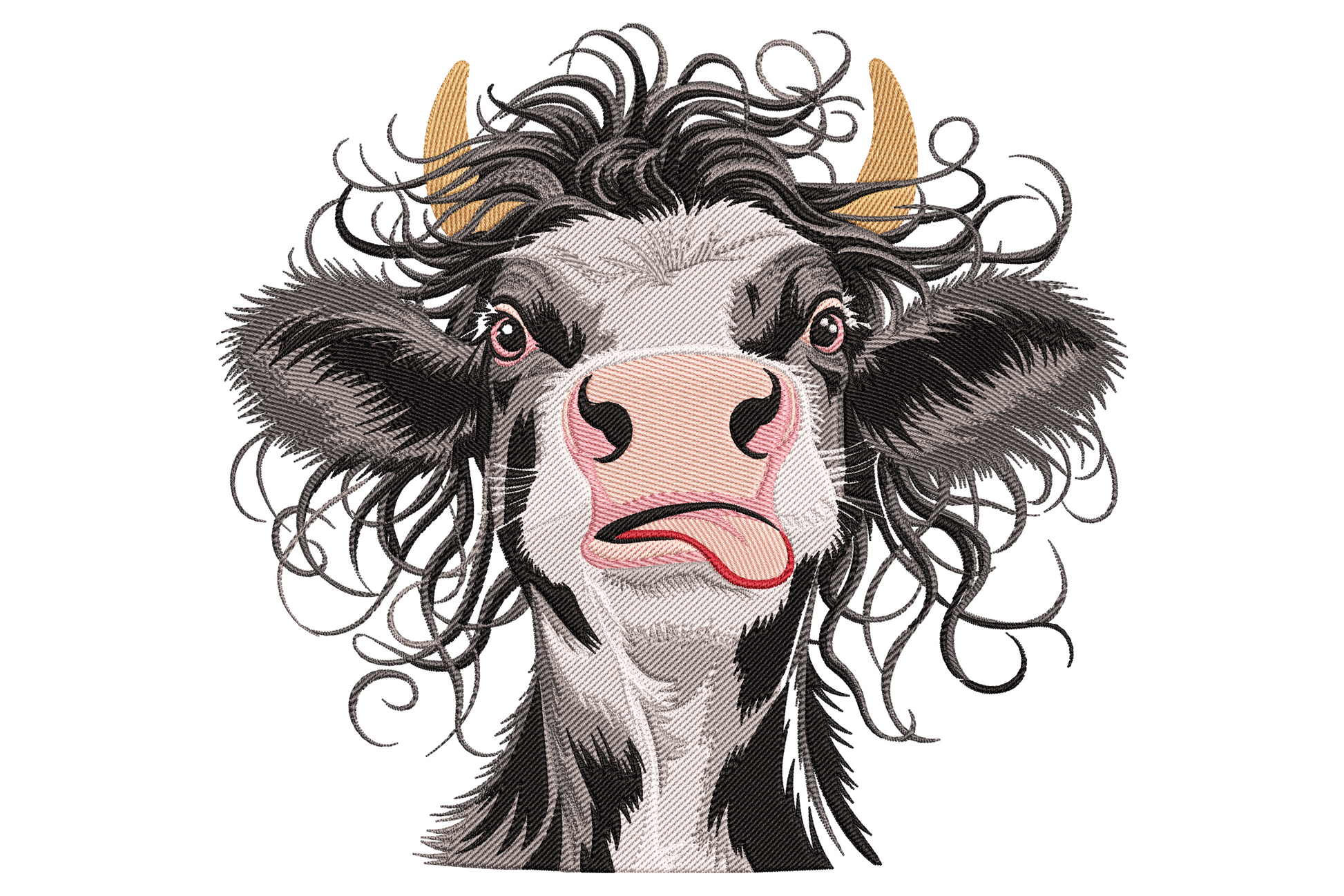 Funny cow face embroidery design with wild curly black hair, gold horns, pink nose and tongue poking out.