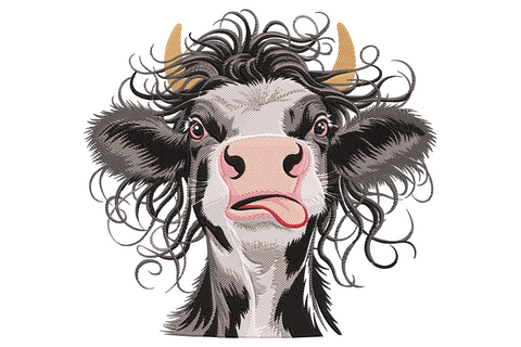 Funny cow face embroidery design with wild curly black hair, gold horns, pink nose and tongue poking out.