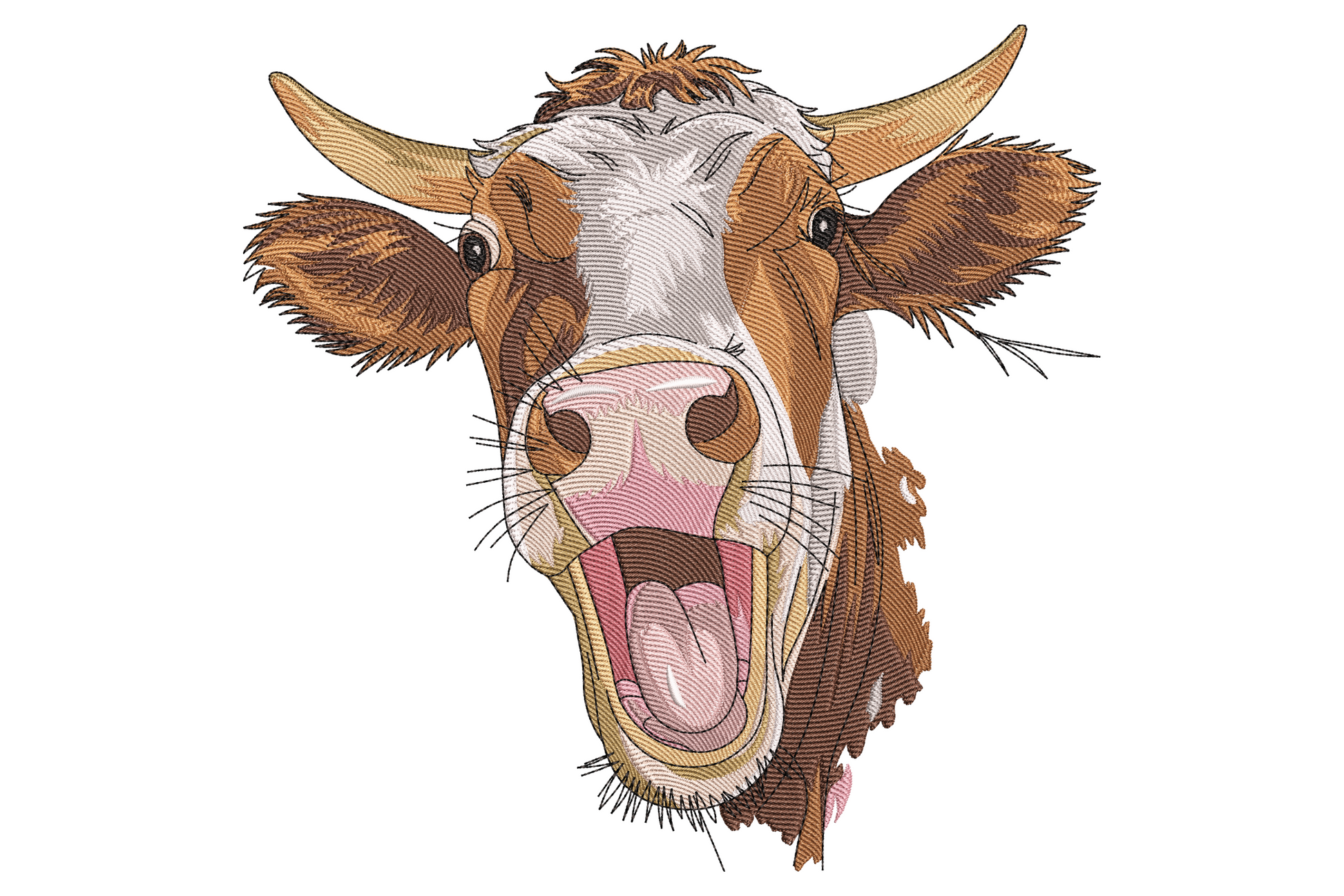 Funny cow face embroidery design with brown and white markings, mouth open mid-laugh, pink tongue and cream horns