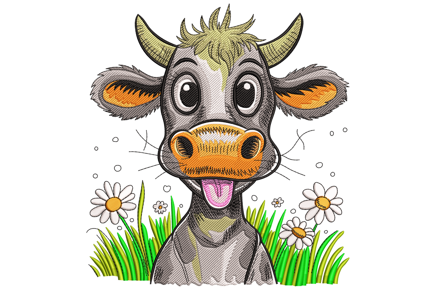 Funny cartoon cow face embroidery design with big eyes, orange nose, pink tongue out, tiny horns, and white daisies in green grass along the bottom.