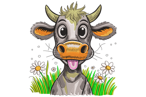 Funny cartoon cow face embroidery design with big eyes, orange nose, pink tongue out, tiny horns, and white daisies in green grass along the bottom.